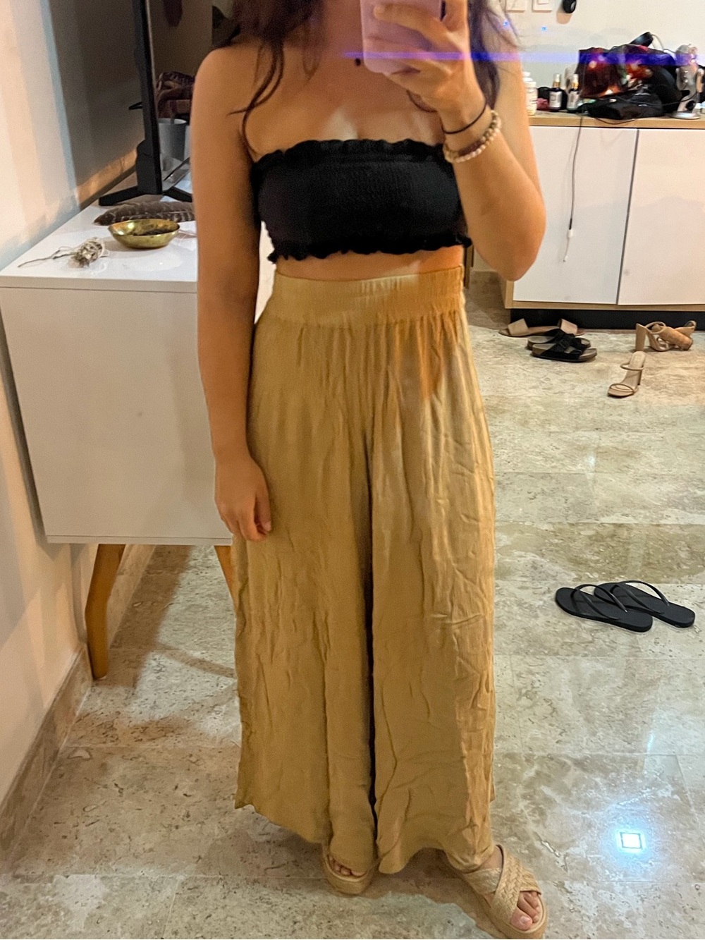 Flowy Wide-Leg Pull-On Pants in Tan